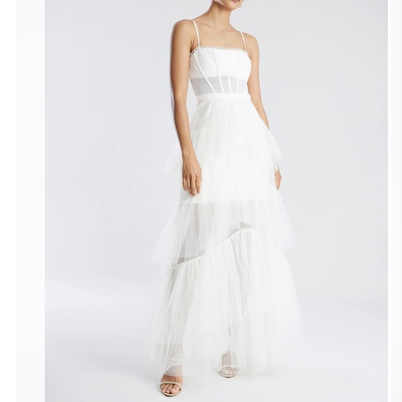 BCBGMAXAZRIA White Oly Tiered Ruffle Tulle Evening Gown - Picture 4 of 10